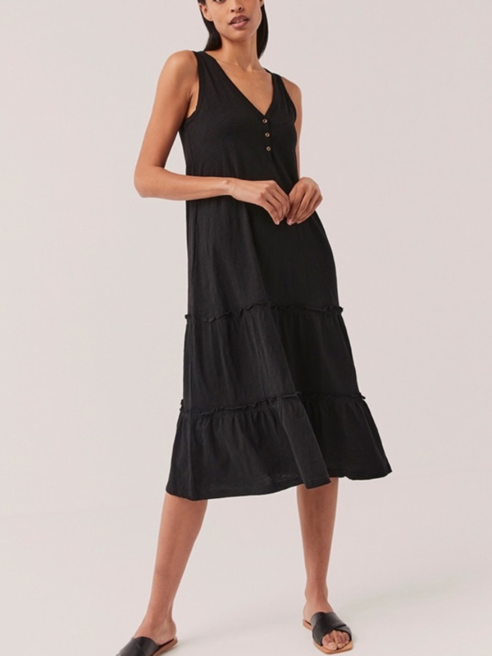 Pact - Ellie Patio Tiered Sleeveless Organic Cotton Midi Black Dress - Large